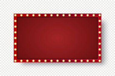 Retro light box frame border with 16:9 aspect ratio, red shining marquee banner for web, presentation, thumbnail, vector isolated, cut out.	