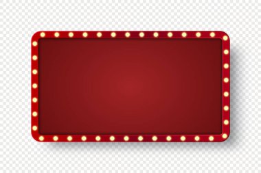 Retro light box frame border with 16:9 aspect ratio, red shining marquee banner for web, presentation, thumbnail, vector isolated, cut out.	