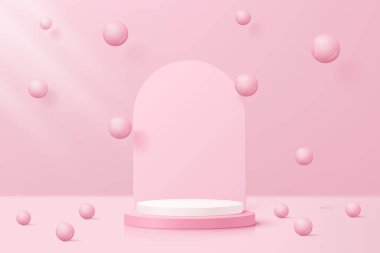 3D pembe ve beyaz podyum, yuvarlak arka planı ve yüzen küreleri olan sahne. Pembe arka planlı. Güzellik ürünlerini sergilemek için lüks ve yumuşak dokunmatik model sahnesi.
