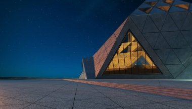 Çağdaş üçgen şekil tasarımı modern mimari bina dışı cam, beton ve çelik elementlerle. Gece sahnesi. Fotorealistik 3B oluşturma.