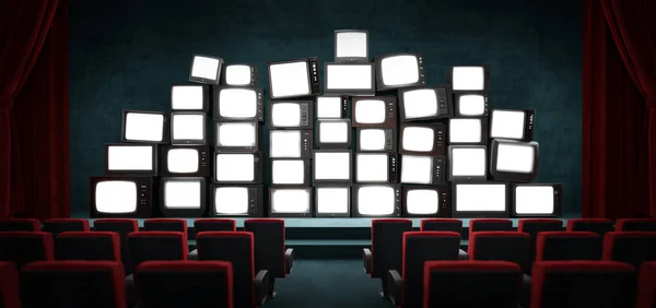 Viele Alte Und Alte Fernseher Auf Der Theaterbühne Von Hinten — Stockfoto