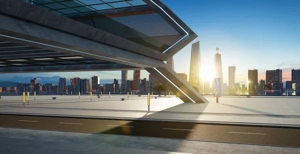 美しい日の出の風景を背景に橋の下に空の通り 3Dレンダリング — ストック写真