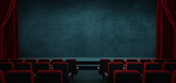 Empty Dimmy Theatrical Stage Red Curtains Drawn Rows Vacant Seats — Stock Photo, Image