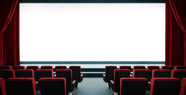 Puste Kino Białym Ekranem Zasłonięte Czerwone Zasłony Rzędy Wolnych Miejsc — Zdjęcie stockowe