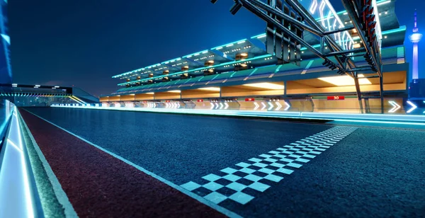 Racetrack Com Linha Início Seta Decoração Luz Néon Desfoque Renderização — Fotografia de Stock