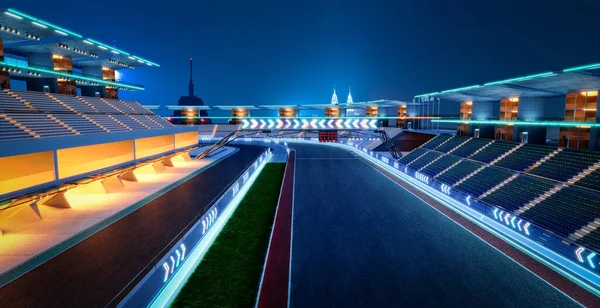 Rendu Existe Pas Circuit Futuriste Sur Hippodrome Avec Balustrade Verre — Photo
