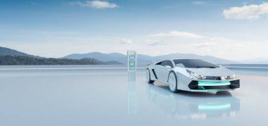 EV Car charging with modern UI control information display charging station. Future of mobility and Alternative sustainable Eco energy concept. 3d render and illustration