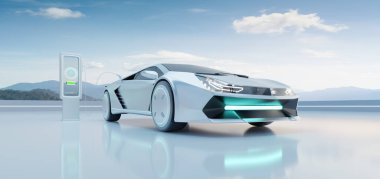 EV Car charging with modern UI control information display charging station. Future of mobility and Alternative sustainable Eco energy concept. 3d render and illustration