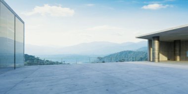 Çelik ve cam gibi modern dış görünüşlü boş beton zemin manzarası. Sabah sahnesi. Fotorealistik 3B oluşturma