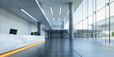 Modern glass wall commercial buildings reception lobby hall. Realistic 3d rendering