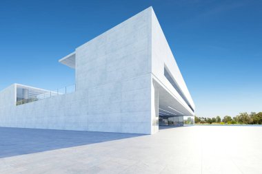Ofis binaları ve modern mimarisi olan boş bir kat. 3d oluşturma