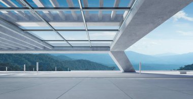 Köprünün altında boş bir sokak ve güzel bir sabah manzarası var. 3d oluşturma