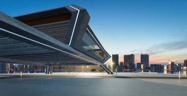 Boş beton zemin manzarası ve gündoğumu manzaralı modern çatı katı manzarası. 3d oluşturma