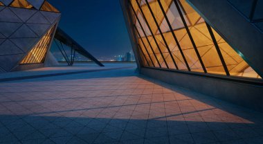 Çağdaş üçgen şekil tasarımı modern mimari bina dışı cam, beton ve çelik elementlerle. Gece sahnesi. Fotorealistik 3B oluşturma.