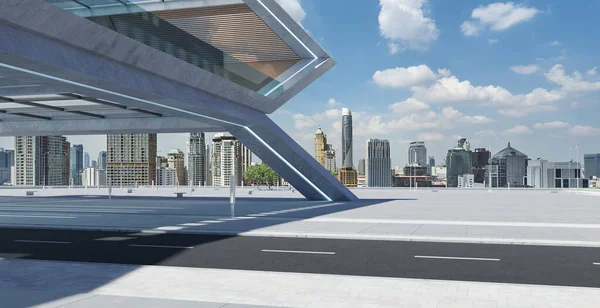 Perspective View Empty Concrete Floor Modern Rooftop Building Sunrise Cityscape — Photo
