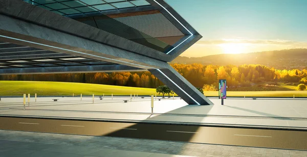 Leere Straße Unter Der Brücke Mit Wunderschöner Landschaft Bei Sonnenaufgang — Stockfoto