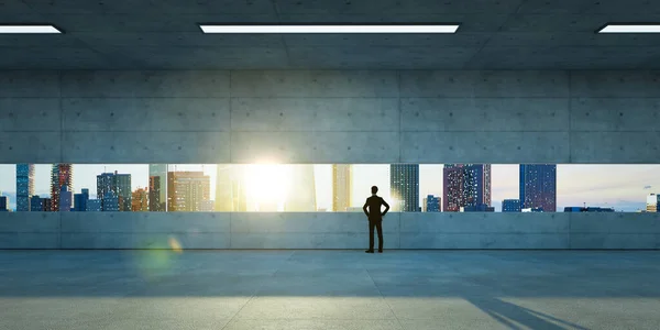 若いビジネスマンは バルコニーの窓の外の近代的な都市の日の出のビューを見て立って ビジネス野心の概念 3Dレンダリング — ストック写真