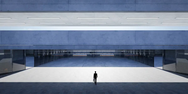 Businessman walks into company headquarters. 3d realistic rendering