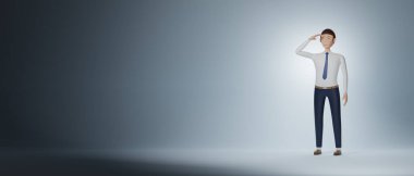 İş adamı çizgi film karakteri görünüş ve arama açık mavi arka planda izole bir poz. 3d oluşturma