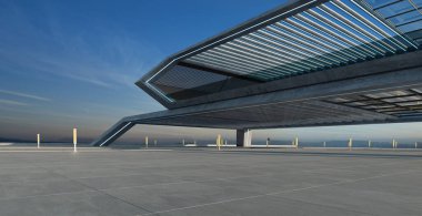 Boş zemin manzarası ve günbatımı manzaralı modern çatı katı manzarası. 3d oluşturma