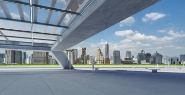 Boş zemin manzarası ve şehir manzaralı modern çatı katı manzarası. 3d oluşturma