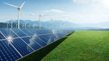 Güneş panelleri ve rüzgar jeneratörleri mavi gökyüzünün altında. Çevre, temiz, sürdürülebilir enerji kavramı. 3d oluşturma