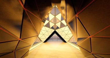 Çağdaş üçgen şekil tasarımı modern mimari bina içi cam, beton ve çelik elementlerle kaplı. Gece sahnesi. Fotorealistik 3B oluşturma.