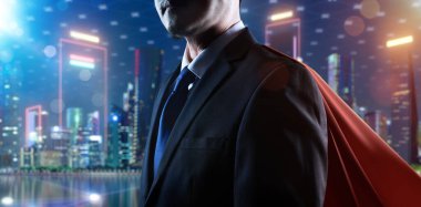 Kırmızı pelerinli genç iş adamı ve akıllı şehir geçmişi