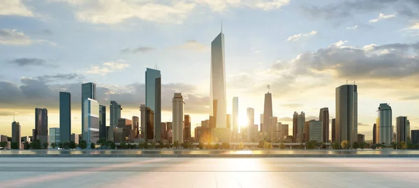 现代城市有着美丽的日出景观 前面是空旷的楼层 3D渲染 — 图库照片