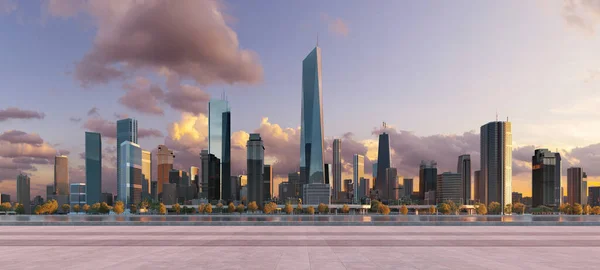 Moderne Stadt Mit Wunderschönem Sonnenaufgang Und Leerem Boden Davor Darstellung — Stockfoto