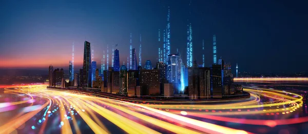 Abstrato Velocidade Fluxo Luz Através Cidade Com Gradiente Design Iluminação — Fotografia de Stock