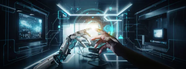 Roboterhand Und Menschliche Hand Berühren Sich Maschine Deep Learning Auf — Stockfoto