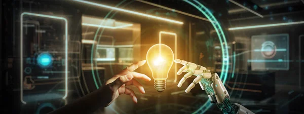Robot hand and human hand touching light bulb together. Ai machine deep creative learning on big data network.
