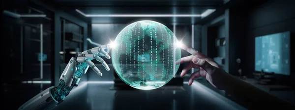 Рука Роботів Людська Рука Торкається Віртуальної Цифрової Землі Разом Глобалізація — стокове фото