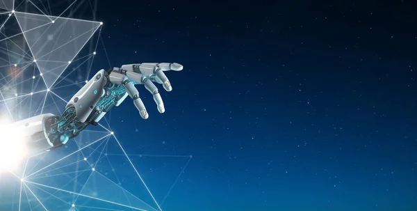 Die Roboterhand Ragt Aus Der Virtuellen Welt Heraus Die Zukunftswelt — Stockfoto