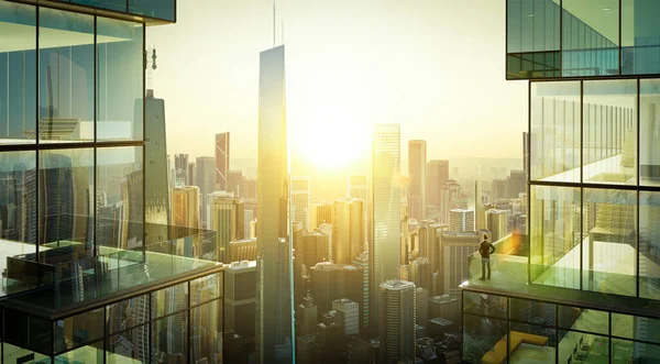 Молодой Бизнесмен Стоит Балконе Смотрит Современный Вид Восход Солнца Концепция — стоковое фото