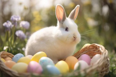 Paskalya sahnesinde çiçek tarlasında odandan çıkarılmış yumurtaların arkasındaki tavşan. 3d oluşturma