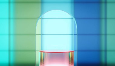 Renkli, şeffaf cam duvar ve cam malzeme kemer kapısı ve silindir kaide podyumu. Ürün gösterisi için sahne. 3B görüntüleme