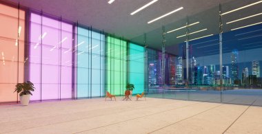 Modern renkli cam duvarlar bekleme salonunun lobisinde. Gerçekçi 3D canlandırma