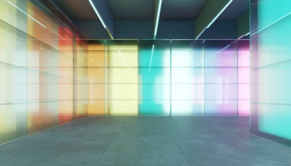 Hermoso Espacio Diseño Interior Pared Vidrio Translúcido Colorido Representación Realista — Foto de Stock