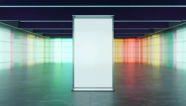 多功能厅空间与彩色梯度透明玻璃墙和发光玻璃广告牌 3D真实感渲染 — 图库照片