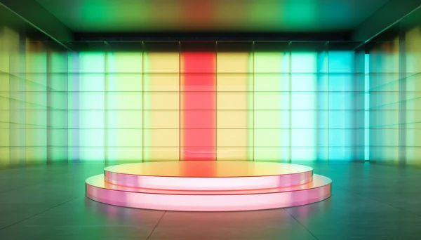 Farbige Gradienten Transparente Glaswand Und Glasmaterial Runde Bühne Szene Für — Stockfoto