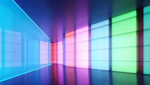 Mehrzweckraum Mit Farbigem Gefälle Transparente Glaswand Und Leuchtende Glaswerbetafel Realistisches — Stockfoto