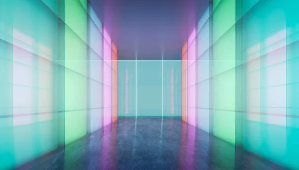 Порожній Сучасний Багатоцільовий Простір Кімнати Кольоровим Градієнтом Прозорої Скляної Стіни — стокове фото