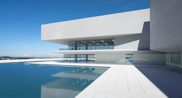 Moderne Architectuur Met Zwembad Betonnen Glazen Gevel Minimalistisch Design Blauwe — Stockfoto