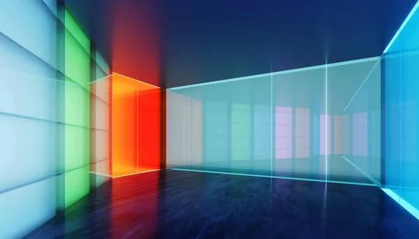 Puste Nowoczesne Wielofunkcyjne Pomieszczenie Kolorowym Gradientowym Przezroczystą Szklaną Ścianą Realistyczne — Zdjęcie stockowe