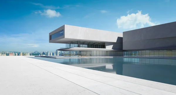 带有游泳池的现代建筑 混凝土和玻璃立面 简约风格的设计 3D渲染 — 图库照片