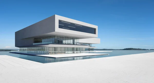 Moderne Architectuur Met Zwembad Betonnen Glazen Gevel Minimalistisch Design Blauwe — Stockfoto