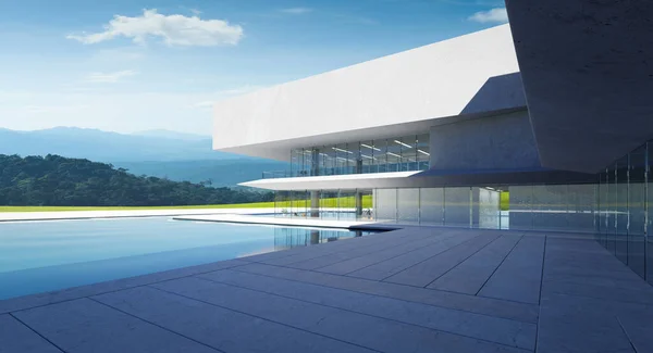Moderne Architektur Mit Pool Beton Und Glasfassade Minimalistischem Design Blauem — Stockfoto
