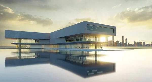 Moderne Architectuur Met Zwembad Betonnen Glazen Gevel Minimalistisch Design Rendering — Stockfoto